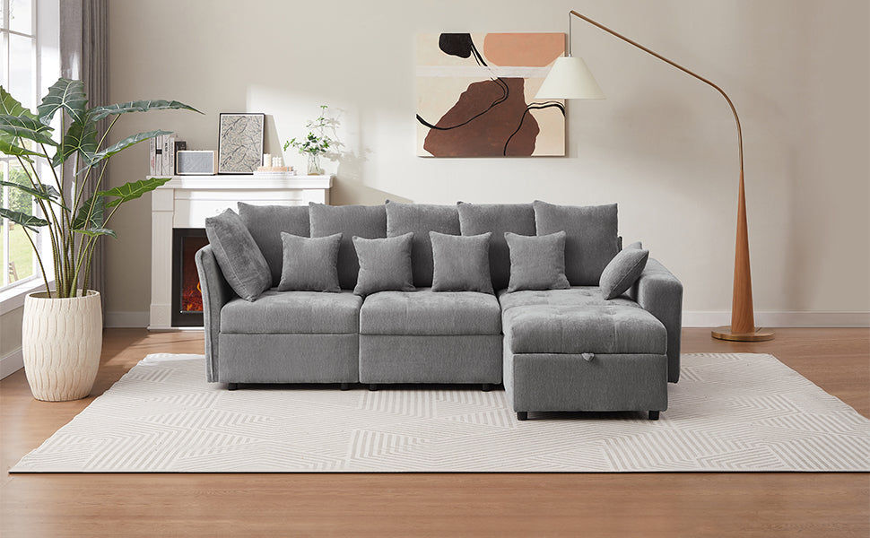 96.45"Sectional Sofa Modular Sofa Couch With Three Usb Ports, A Removable Storage Ottoman And Five Back Pillows For Living Room, Grey Grey Foam Chenille 4 Seat