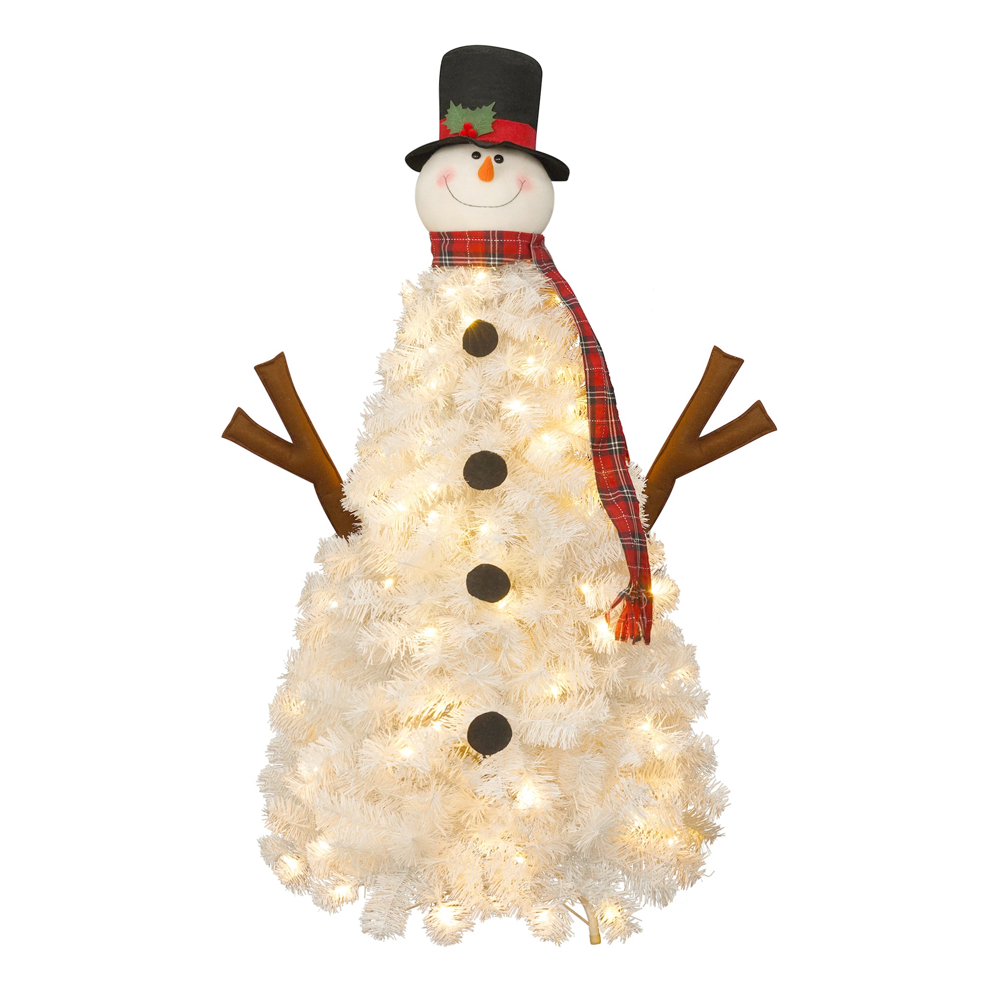 4Ft Pre Lit Christmas Tree With 100 Lights, Snowman Shaped Artificial Christmas Tree, Xmas Tree With 380 Branch Tips, Pvc Festival Celebration Decoration Inside And Outside White Pvc