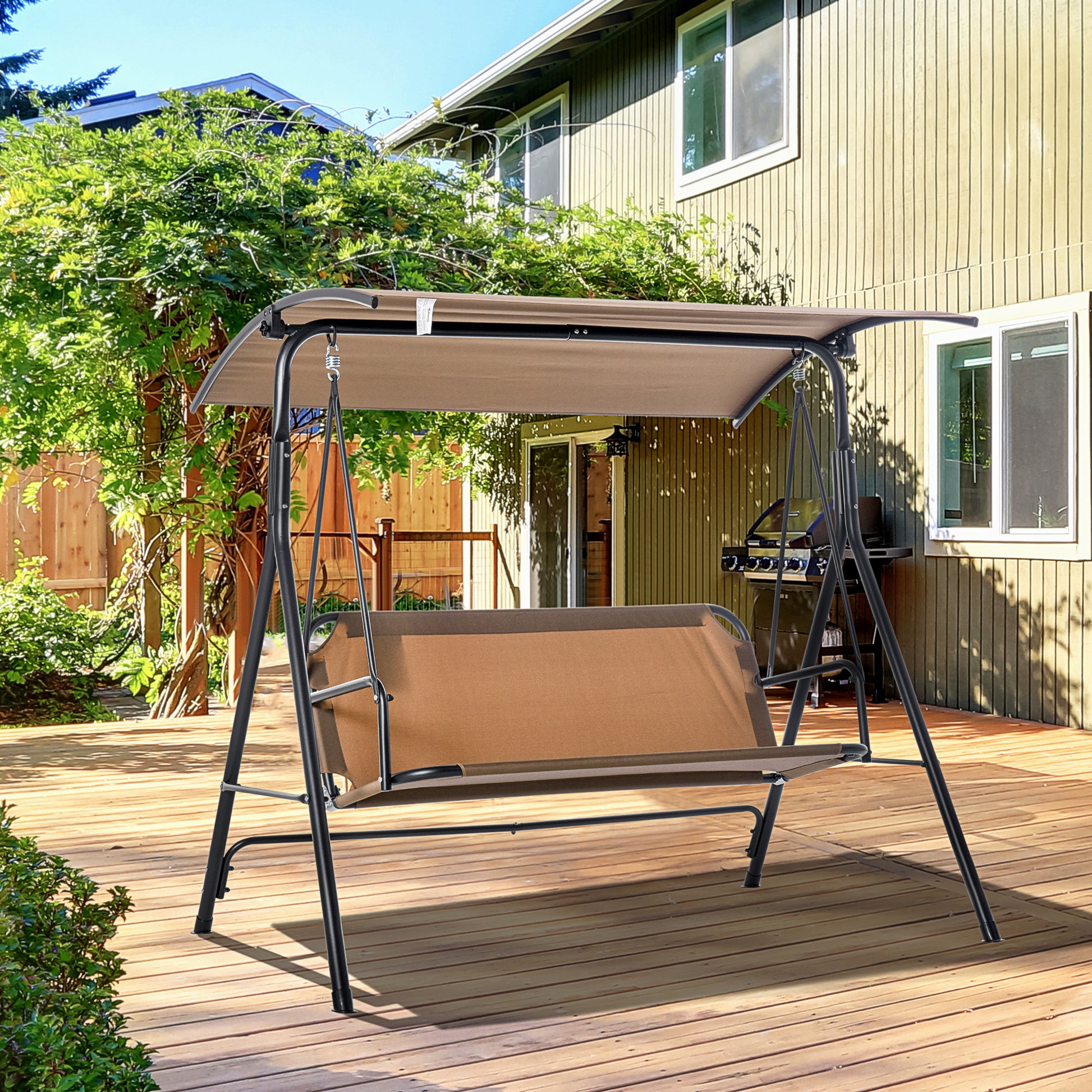 Outsunny 3 Person Porch Swing With Stand, Outdoor Swing For Patio Porch With Adjustable Tilt Canopy And Comfortable Swing Bench Style Seat, Steel Frame, Brown Brown Plastic