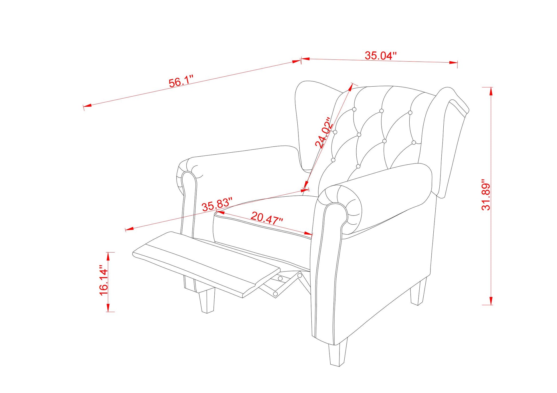Modern Tufted Push Back Armchair Technical Leather Chair, Adjustable Single Sofa Chair With Sturdy Wood Legs For Bedroom, Living Room, Small Space Color:Black Black Primary Living Space Mid Century