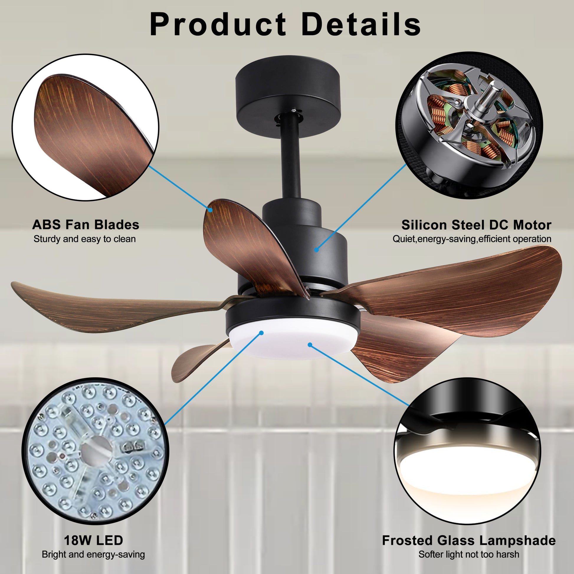 28 Lnch Ceiling Fan With Lights Remote Control,Small Ceiling Fan Flush Mount, 5 Reversible Blades, Low Profile Ceiling Fan 6 Speeds 3 Colors For Bedroom Kitchen Black Brown Casual,Classic Abs Steel Q235