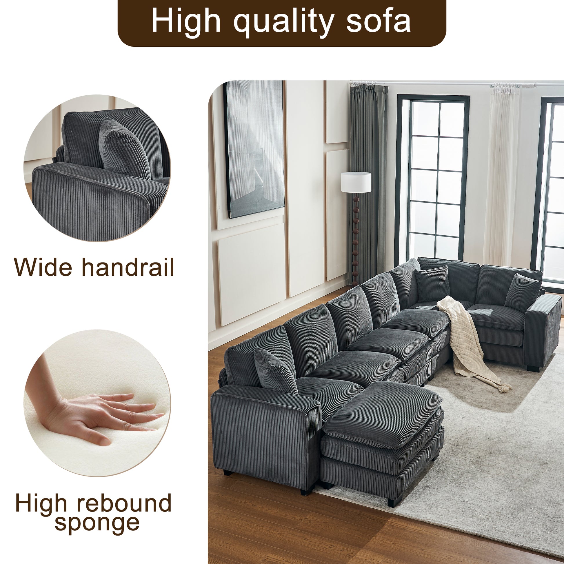 Modern U Shaped 6 Seat Sectional Sofa Couch With One Ottoman And Three Toss Pillows ,Modular Sofa For Living Room,Corduroy Sofa Grey Corduroy 7 Seat
