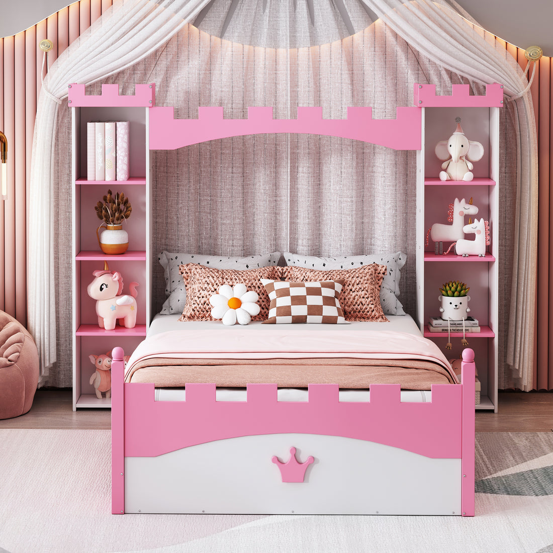 Castle Shaped Wooden Bed With Storage Shelf, Dreamy Twin Size Platform Bed For Kids Bedroom, White Pink Expected Arrival Time:8.14 Twin White Pink Wood