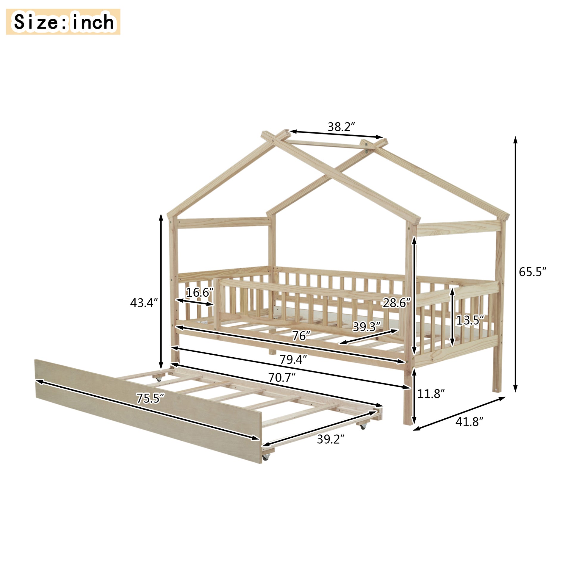 Twin Size Wooden House Bed With Twin Size Trundle, Natural Twin Natural Solid Wood Mdf