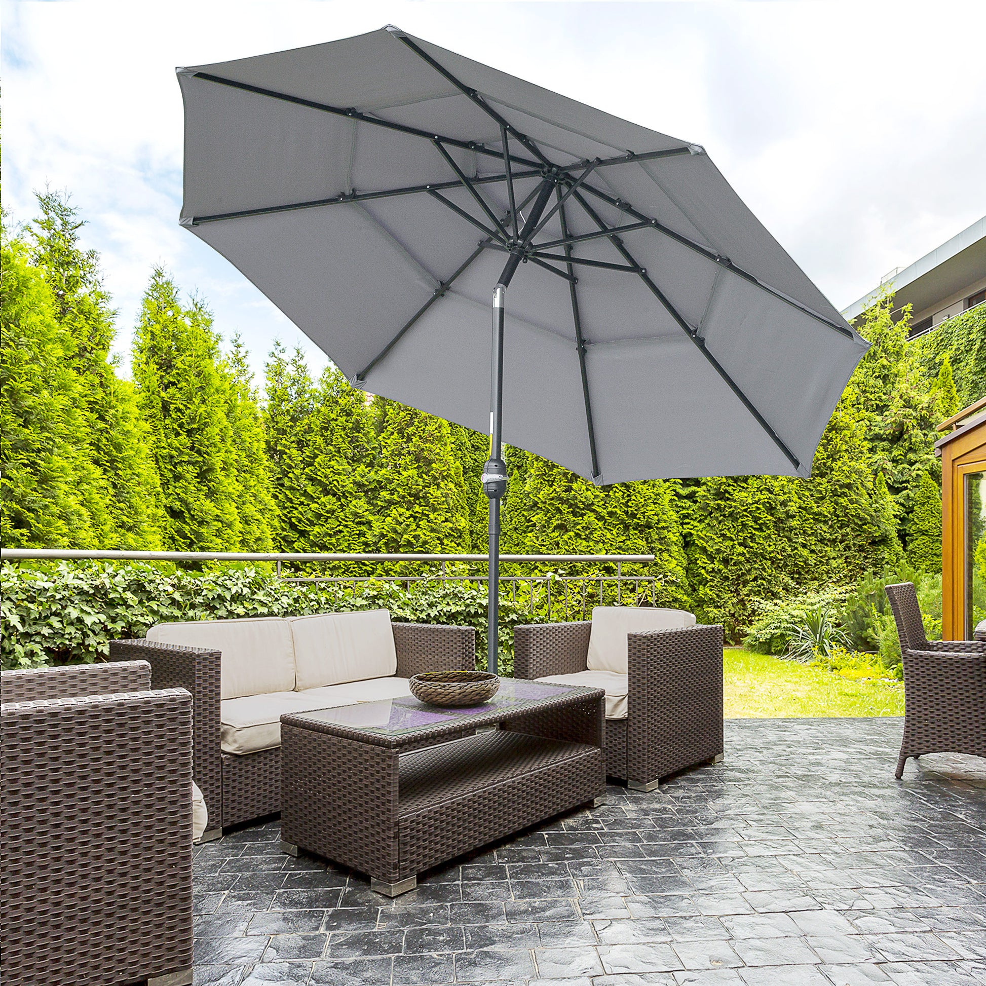 Outsunny 9Ft 3 Tiers Patio Umbrella Outdoor Market Umbrella With Crank, Push Button Tilt For Deck, Backyard And Lawn, Dark Gray Dark Grey Polyester