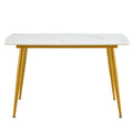 Modern Minimalist Dining Table. White Imitation Marble Patterned Stone Burning Tabletop With Golden Metal Legs. 50 