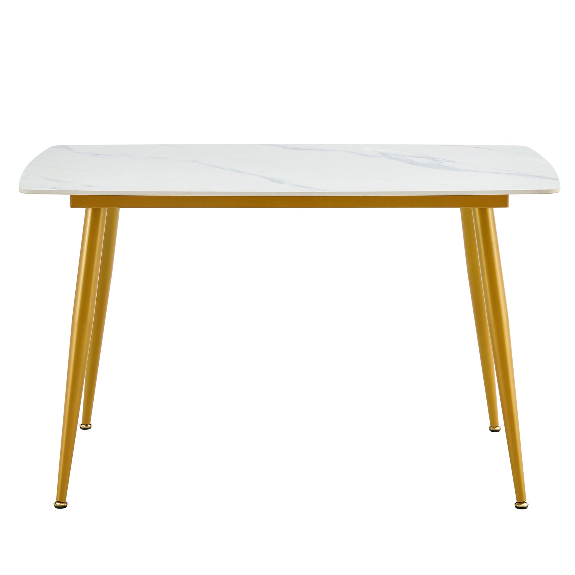 Modern Minimalist Dining Table. White Imitation Marble Patterned Stone Burning Tabletop With Golden Metal Legs. 50 "* 30" * 30 "F 001 Gold Sintered Stone