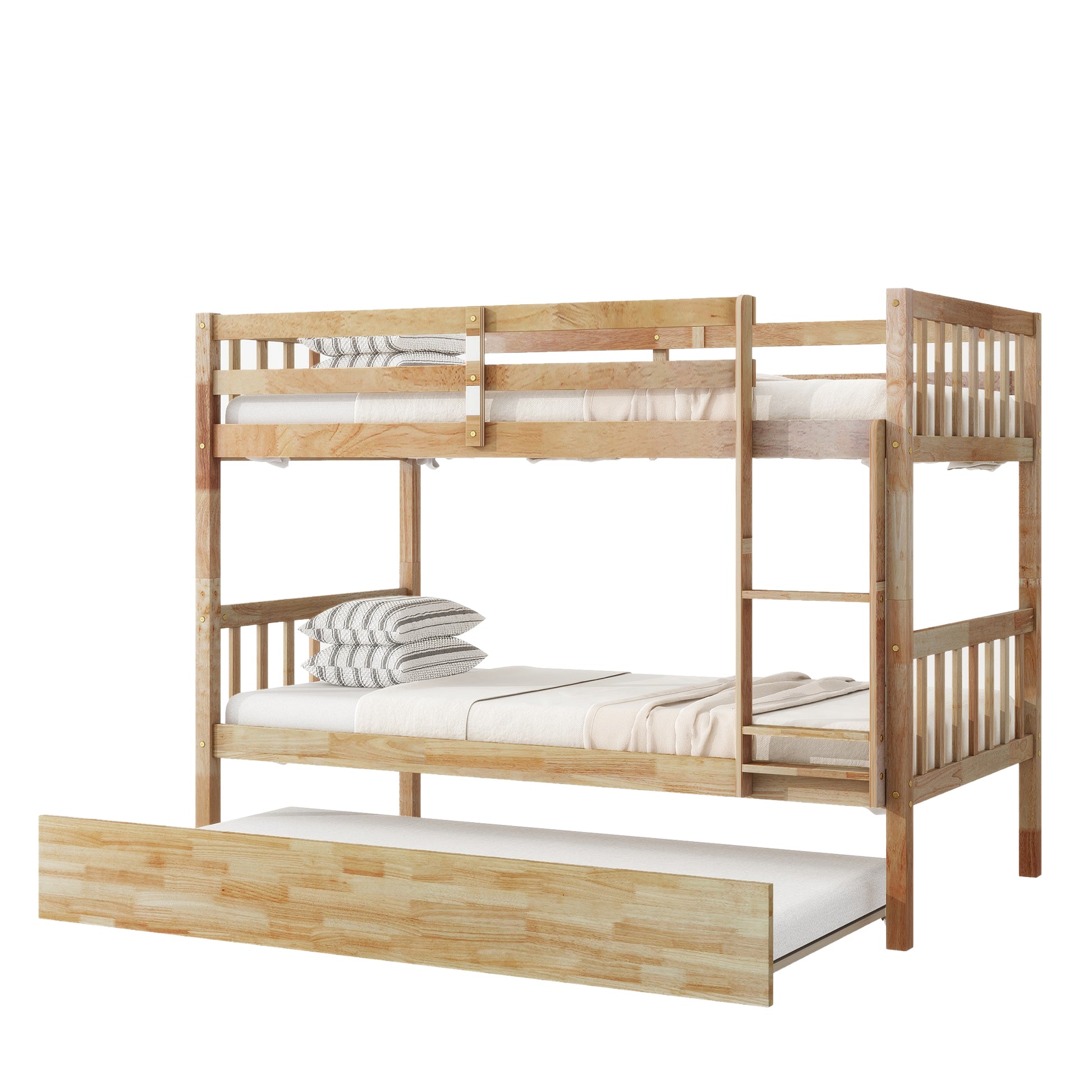 Twin Over Twin Rubber Wood Bunk Bed With Trundle, Convertible Into 2 Twin Size Beds, Twin Size Bunk Bed With Ladder And Safety Guardrails,Natural Twin Natural Rubber Wood