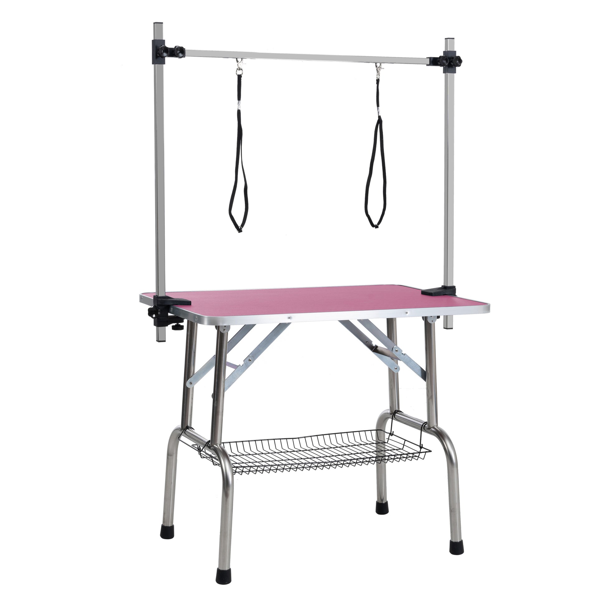 42" Folding Dog Pet Grooming Table Stainless Steel Frame Rubber Mat On Board With Adjustable Arm And Clamps Pet Dog Cat Grooming Table Pink Color Pink Rubber Stainless Steel