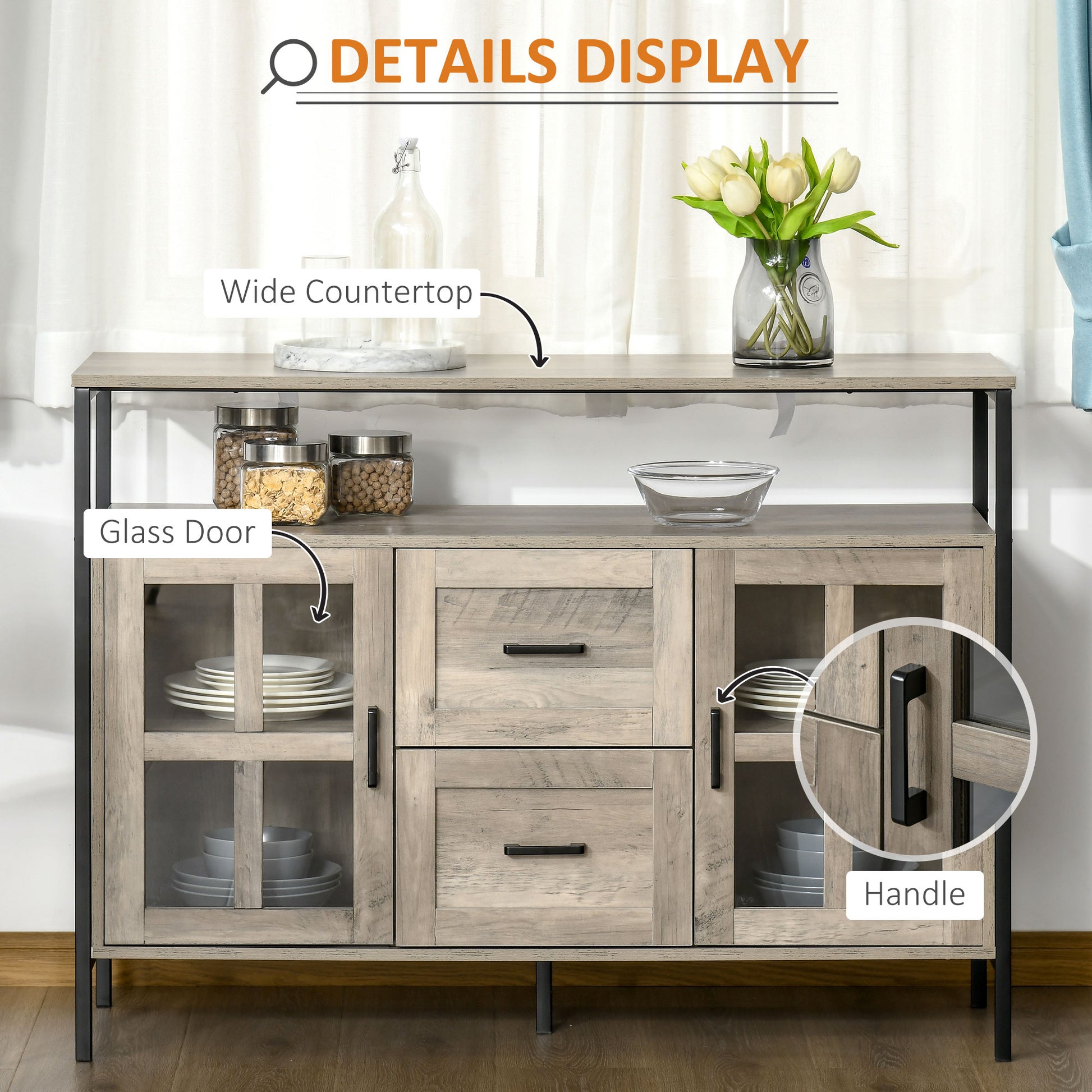 Homcom Industrial Sideboard Buffet Cabinet, Kitchen Cabinet, Coffee Bar Cabinet With Adjustable Shelves, Glass Doors, And 2 Drawers For Living Room, Gray Gray Steel