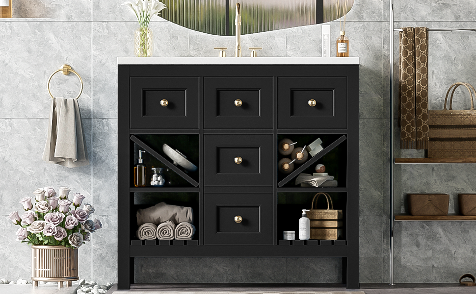 36'' Bathroom Vanity With Resin Sink Combo, Solid Wood Frame Bathroom Storage Cabinet, Freestanding Vanity Set With 5 Drawers& Soft Closing Doors Same As Sw000141Aab Black Bathroom Solid Wood Mdf Resin