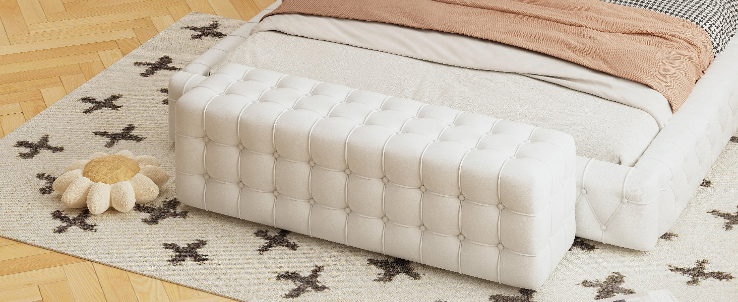 All Covered Velvet Upholstered Ottoman, Rectangular Footstool, Bedroom Footstool, No Assembly Required, Elegant And Luxurious, White White Mdf