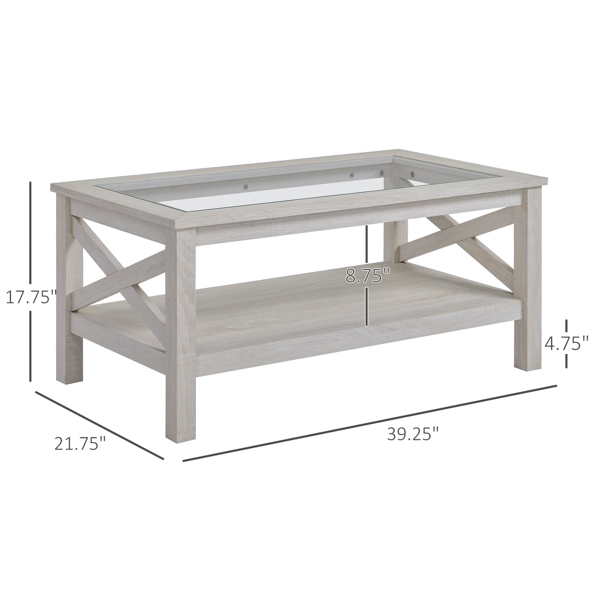 Homcom Farmhouse Style Coffee Table With Wood Frame, Tempered Glass Tabletop And Underneath Storage Shelf, Side Table For Living Room, 39.25"X21.75", White Oak White Oak Mdf