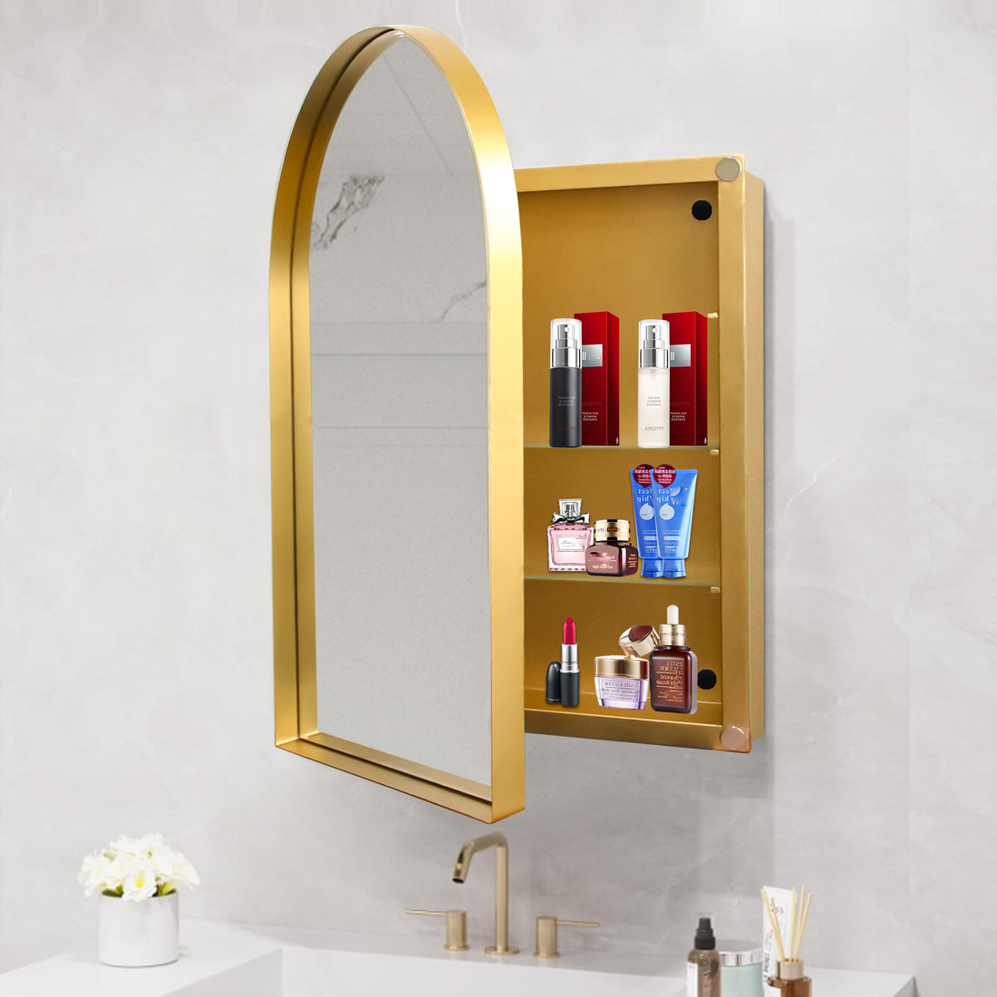 24X36 Inch Arched Recessed Medicine Cabinet, Metal Framed Bathroom Wall Cabinet With Mirror And Adjustable Shelves, Wall Mirror With Storage For Bathroom, Matte Gold Gold 2 Adjustable Shelves Bathroom Wall Mounted Metal