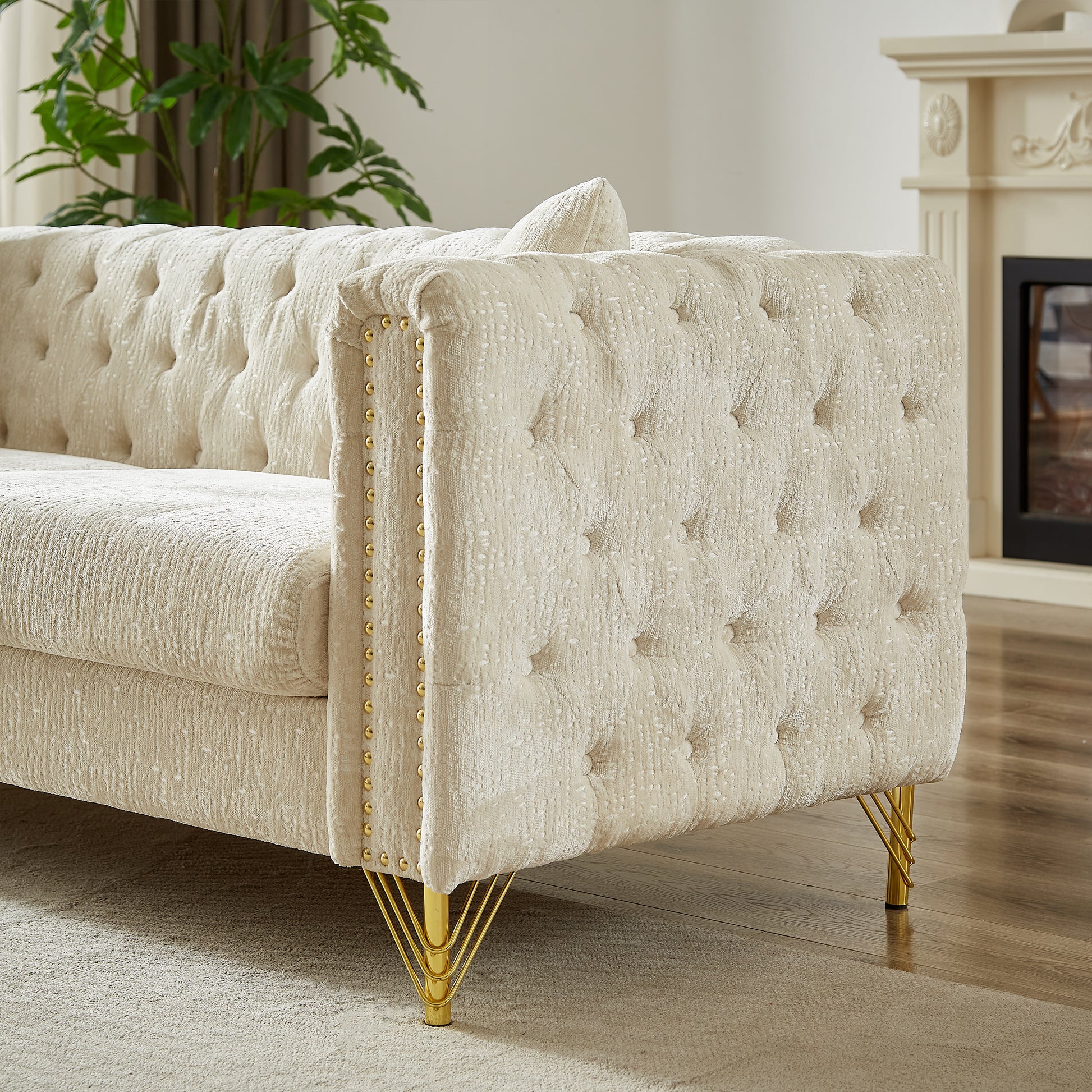 60 Inch Chenille Pull Buckle Design Sofa For Living Room,Buttons Tufted With Copper Nail Decoration Armrest, Modern Couch Upholstered Button And Metal Legs Beige Foam Chenille 2 Seat