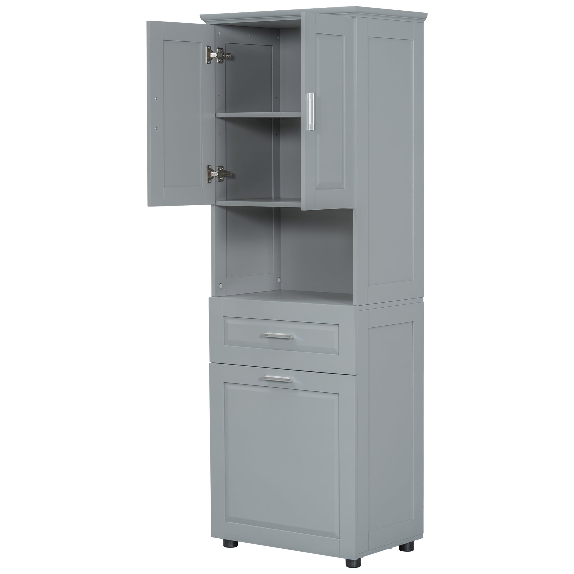 Tall Bathroom Cabinet With Laundry Basket, Large Storage Space Tilt Out Laundry Hamper And Upper Storage Cabinet, Grey Grey Mdf