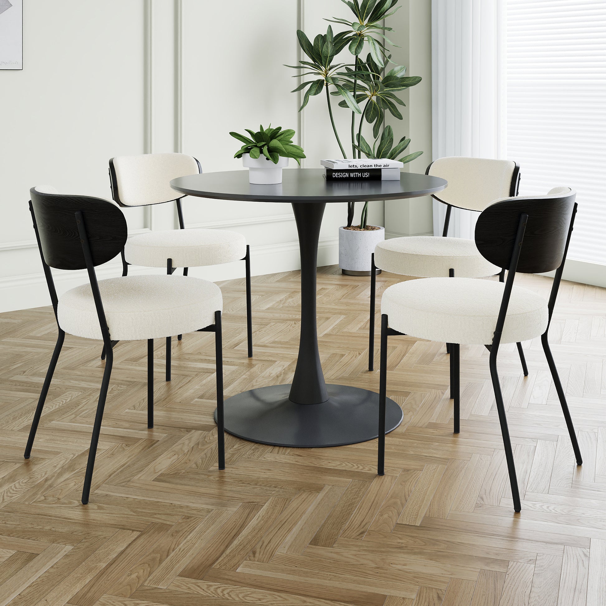 Modern Grey Simple Teddy Velvet Dining Chair Upholstered Chair Family Bedroom Stool Back Dressing, Black Round Table Set,Bentwood Covered With Ash Veneer Chair Back,Chair Black Metal Legs Set Of 5 Black Mdf