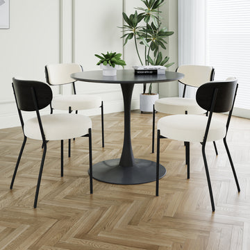 Modern Grey Simple Teddy Velvet Dining Chair Upholstered Chair Family Bedroom Stool Back Dressing, Black Round Table Set,Bentwood Covered With Ash Veneer Chair Back,Chair Black Metal Legs Set Of 5 Black Mdf