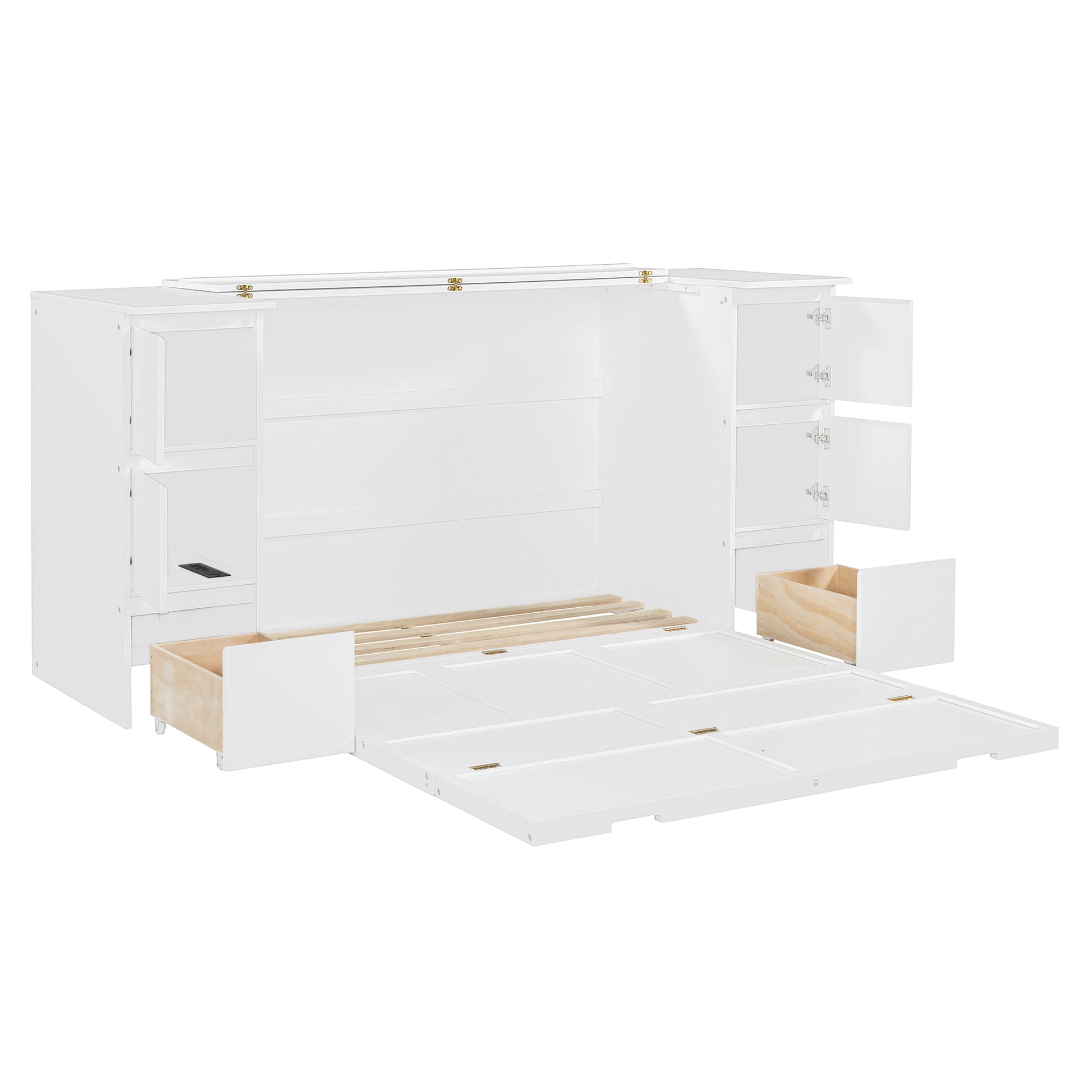 Full Size Murphy Bed With Drawers, Cabinets And Usb Ports,White Full White Mdf Lvl