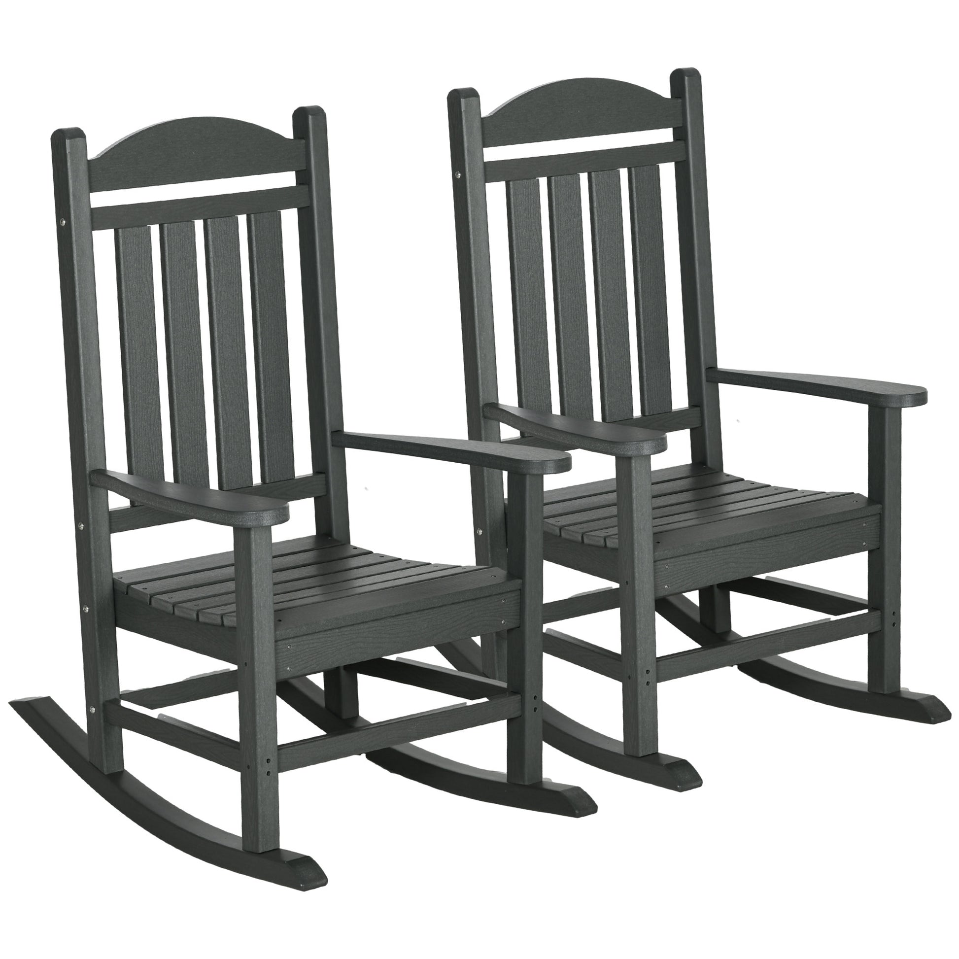 Outsunny 2 Pieces Outdoor Rocking Chair, All Weather Resistant Hdpe Rocking Patio Chairs With Rustic High Back, Armrests, Oversized Seat And Slatted Backrest, 350Lbs Weight Capacity, Dark Gray Dark Gray Plastic