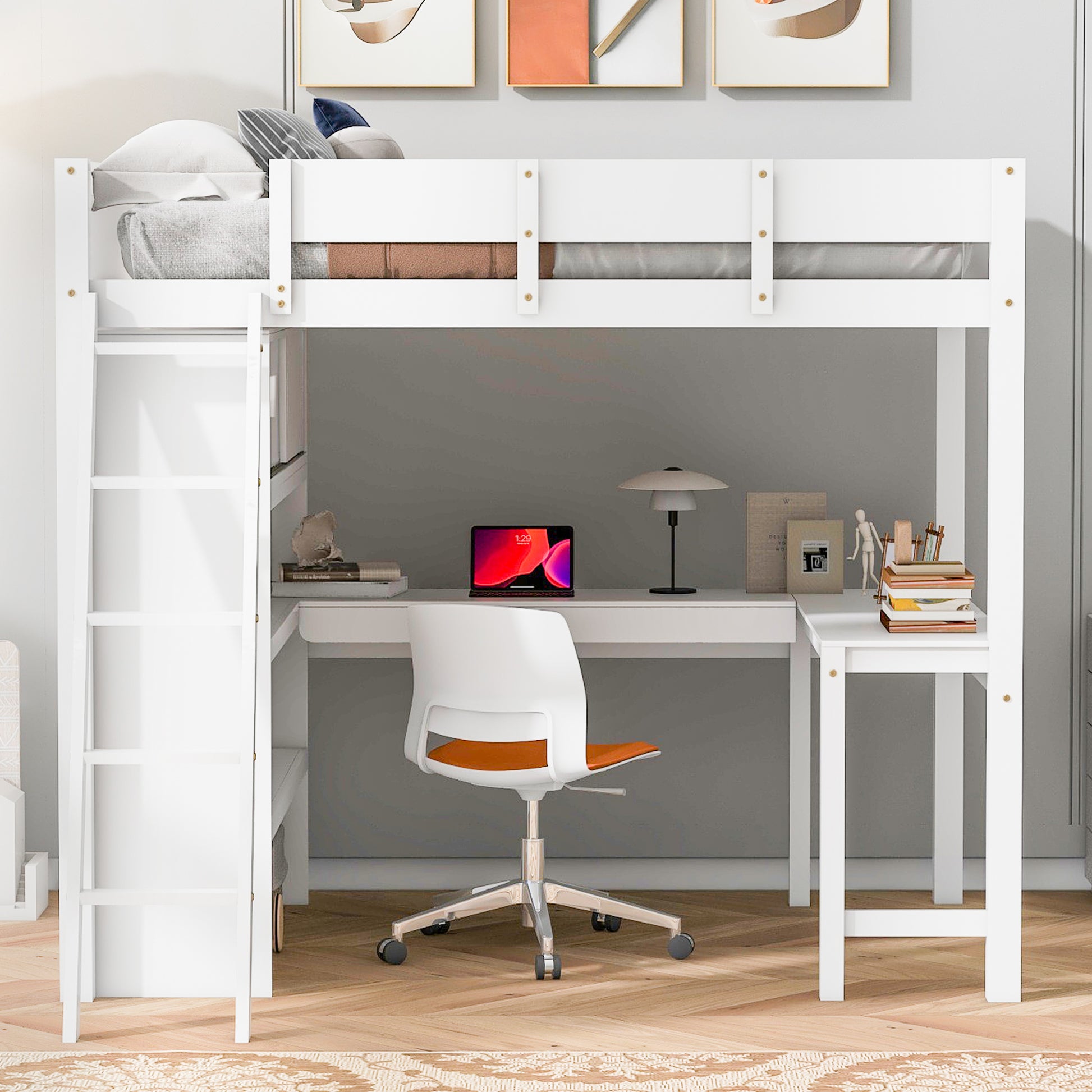 Full Size Loft Bed With Desk And Shelf White Full White Solid Wood