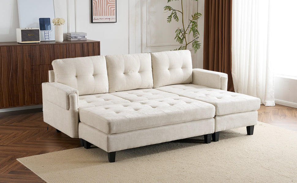 83.4" L Shaped Sofa Sectional Couch Sofa Bed With Two Usb Ports, A Movable Ottoman And A Reversible Chaise Lounge For Living Room, Beige Beige Foam Chenille 5 Seat