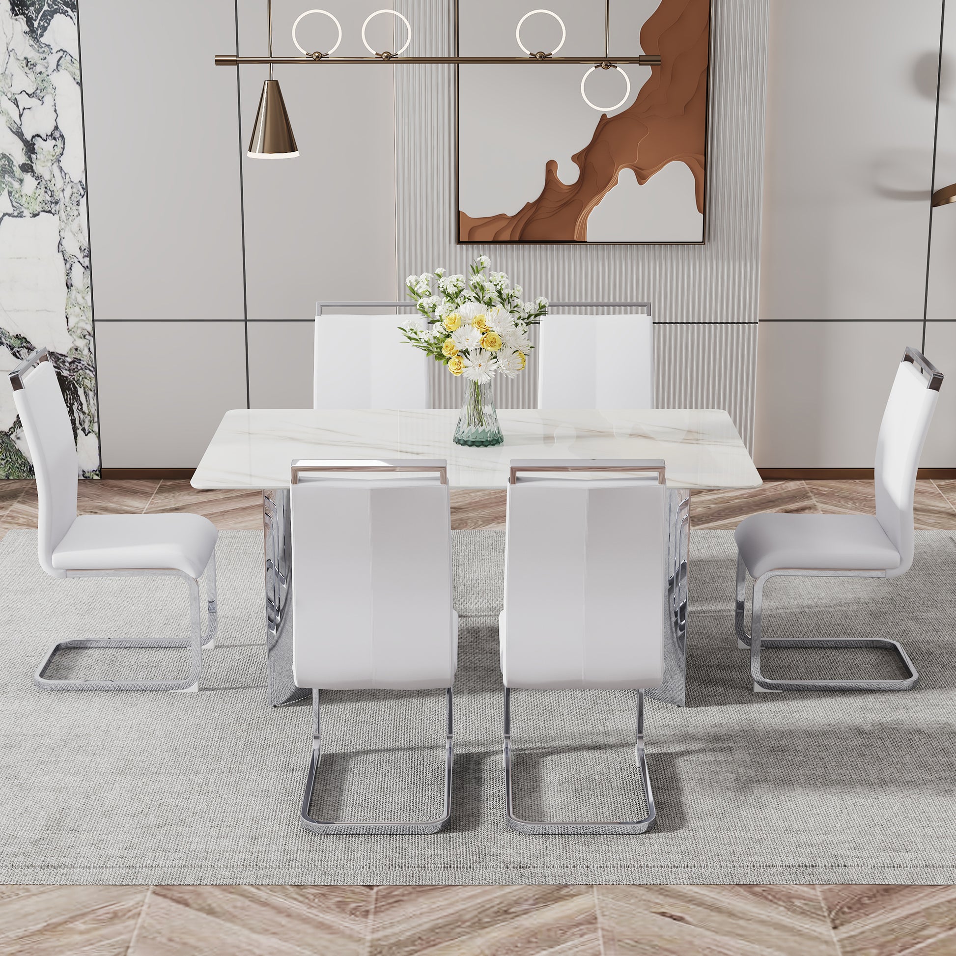 Modern Minimalist Dining Table. Imitation Marble Glass Sticker Desktop, Stainless Steel Legs, Stable And Beautiful. 6 Premium Pu Seats. 63 Inches * 35.4 Inches * 29.5 Inches Dt 69 C 1162 Silver Glass