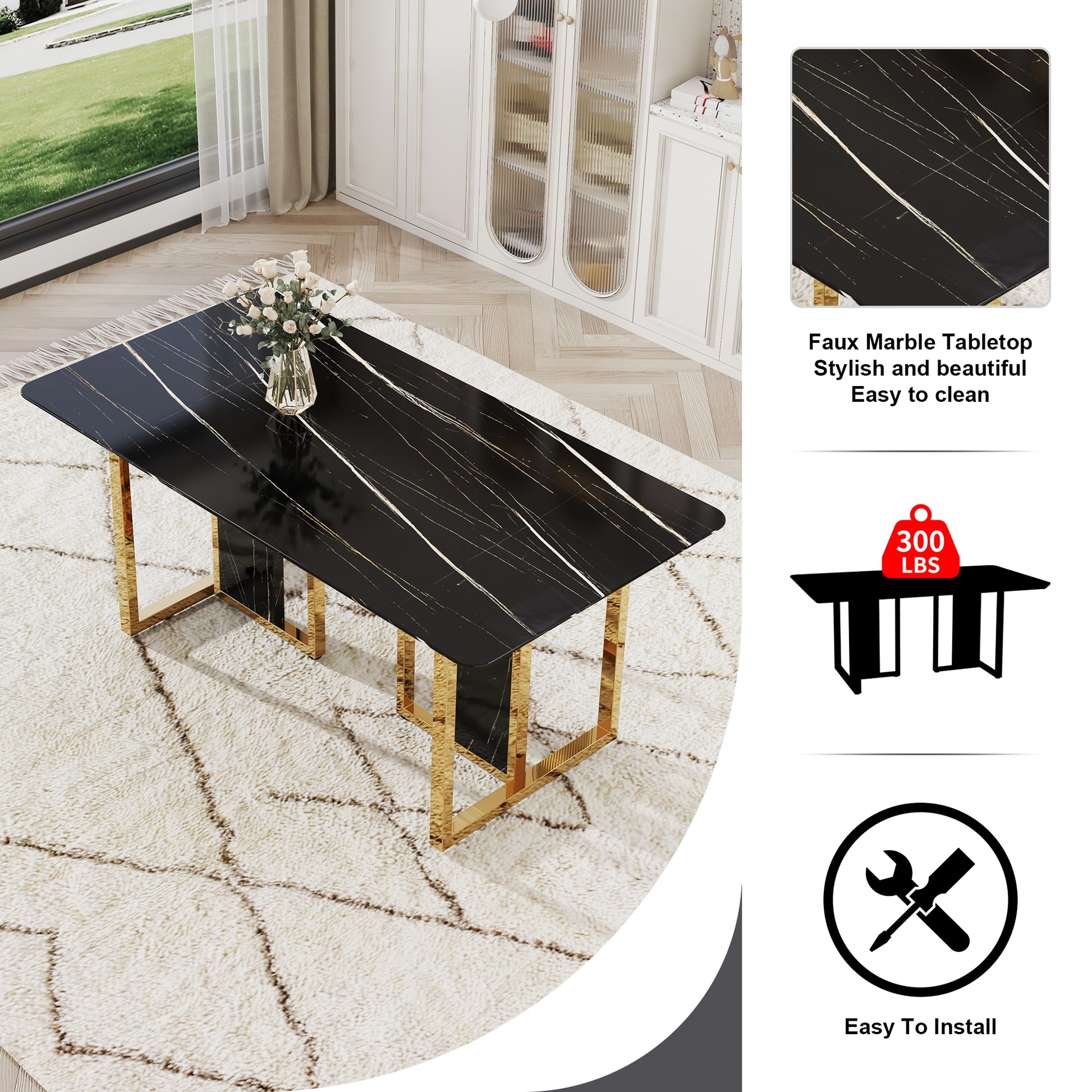 Table And Chair Set. Modern Dining Table With Mdf Top And Beautiful Mdf Legs. Equipped With Comfortable Pu Chairs And Metal Legs. Suitable For A Wide Range Of Decorative Styles. Black Seats 4 Mdf