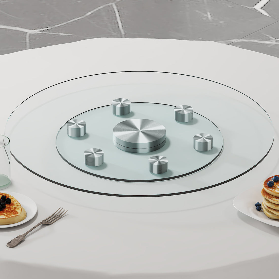 Double Layer Rotatable Round Glass.The Rotatable Design Makes It More Convenient To Retrieve And Place Items.The Upper Glass Has A Diameter Of 24 Inches, While The Lower Glass15 Inches. Transparent Glass