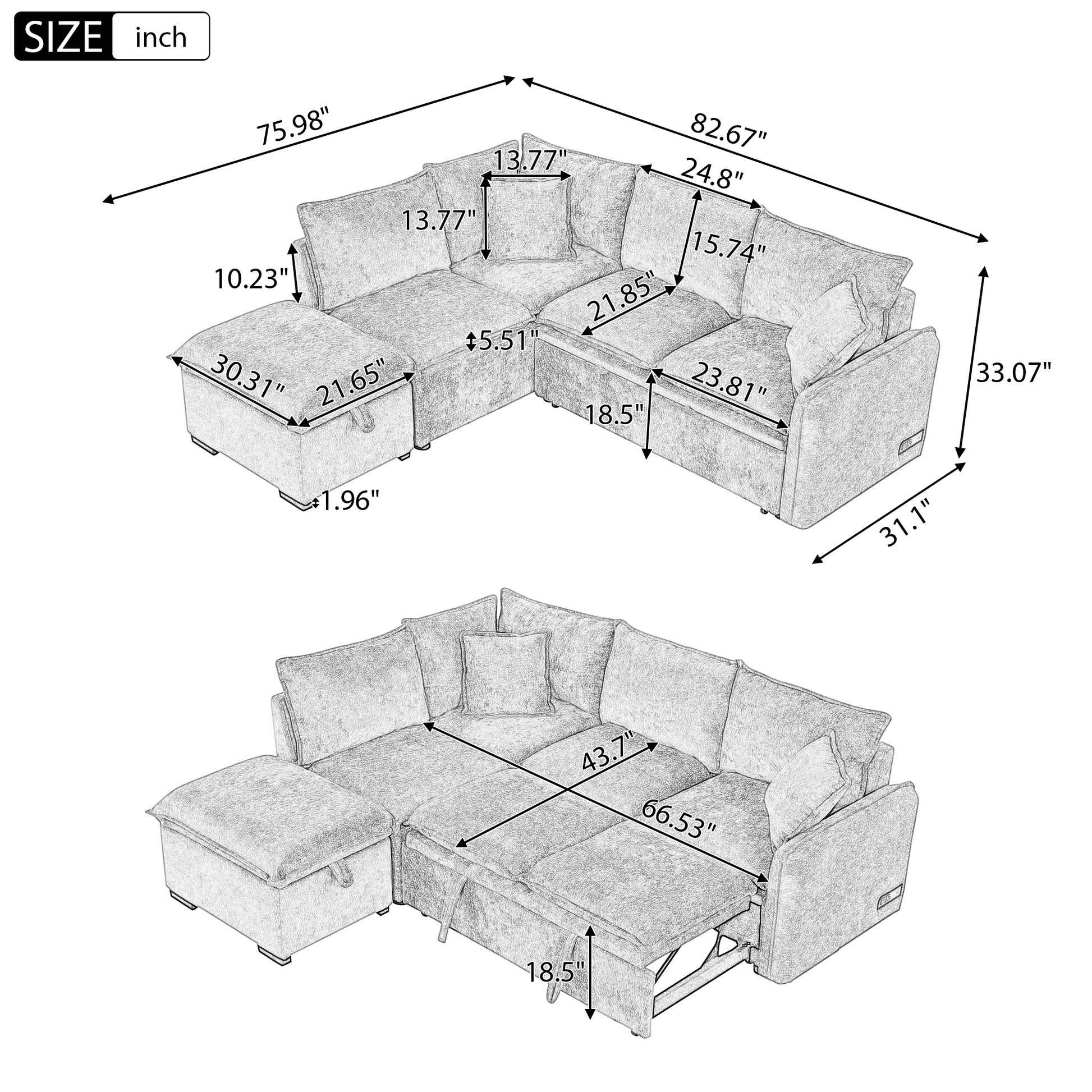 82.67"Convertible Sofa Bed Sectional Sofa Sleeper L Shaped Sofa With A Storage Ottoman,Two Pillows, Two Power Sockets And Two Usb Ports For Living Room, Orange Orange Foam Chenille 4 Seat