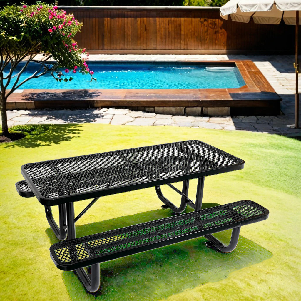 6 Ft. Rectangular Outdoor Steel Picnic Table With Umbrella Pole In Black Black Carbon Steel