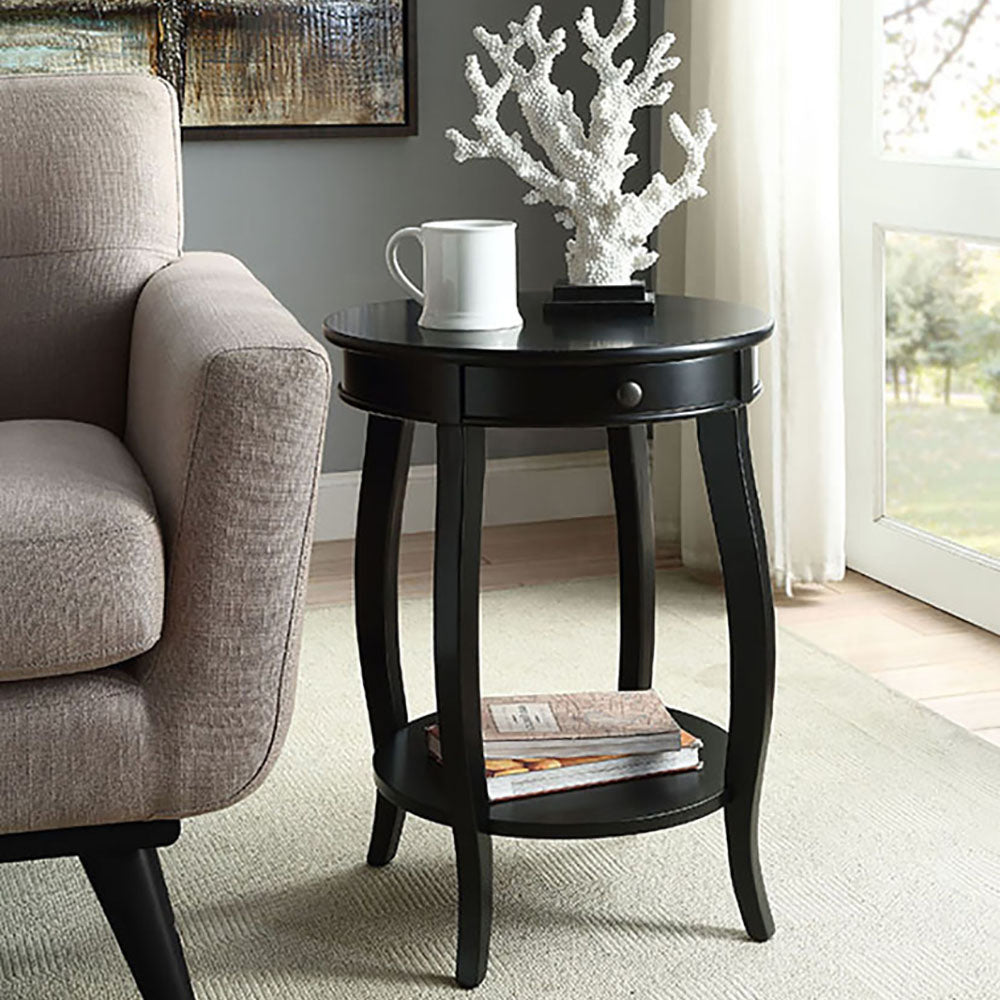 Black End Table With 1 Drawer Black Primary Living Space Drawers Round Wood