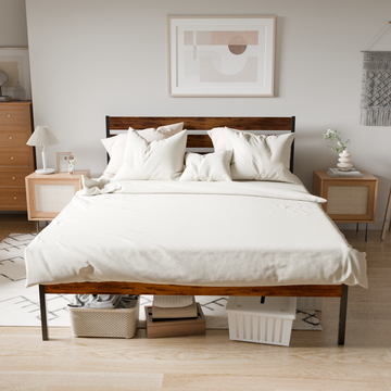 Iron Platform Bed Frame With Rustic Wood Headboard & Footboard Queen Size Brown Box Spring Required Queen Black,Brown Iron Brown Bedroom Minimalist,Modern Bed Frame Mdf Iron