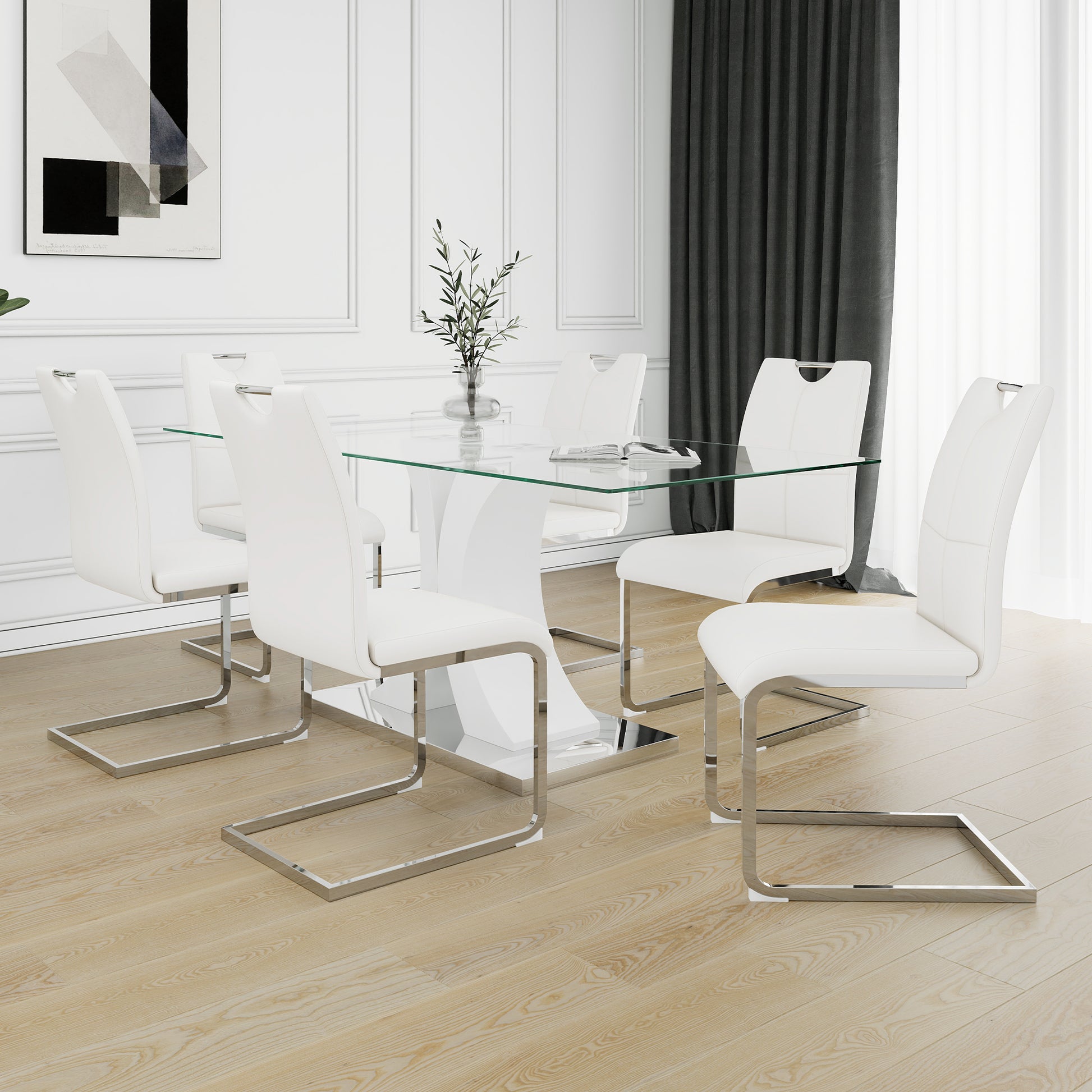 Modern Style Glass Table, Elegant Transparent Design, Durable Support Base, White Dining Chair Set, Electroplated Chair Legs, Suitable For Restaurant Kitchens Set Of 7 White Mdf Metal