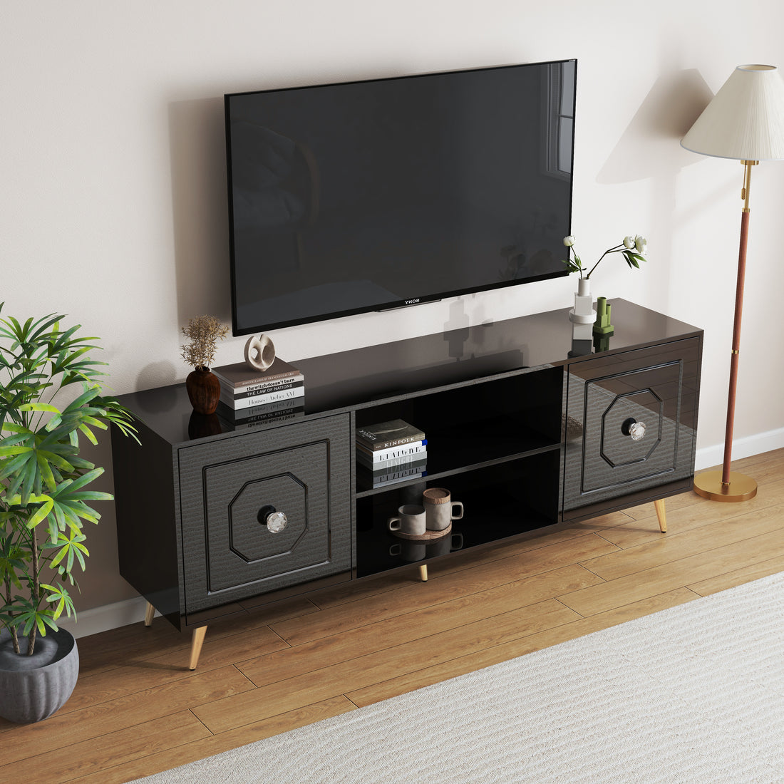 Modern High Gloss Black Tv Stand For Tv'S Up To 75", Entertainment Center 67"L Black Primary Living Space 60 69 Inches 70 79 Inches 75 Inches Mdf