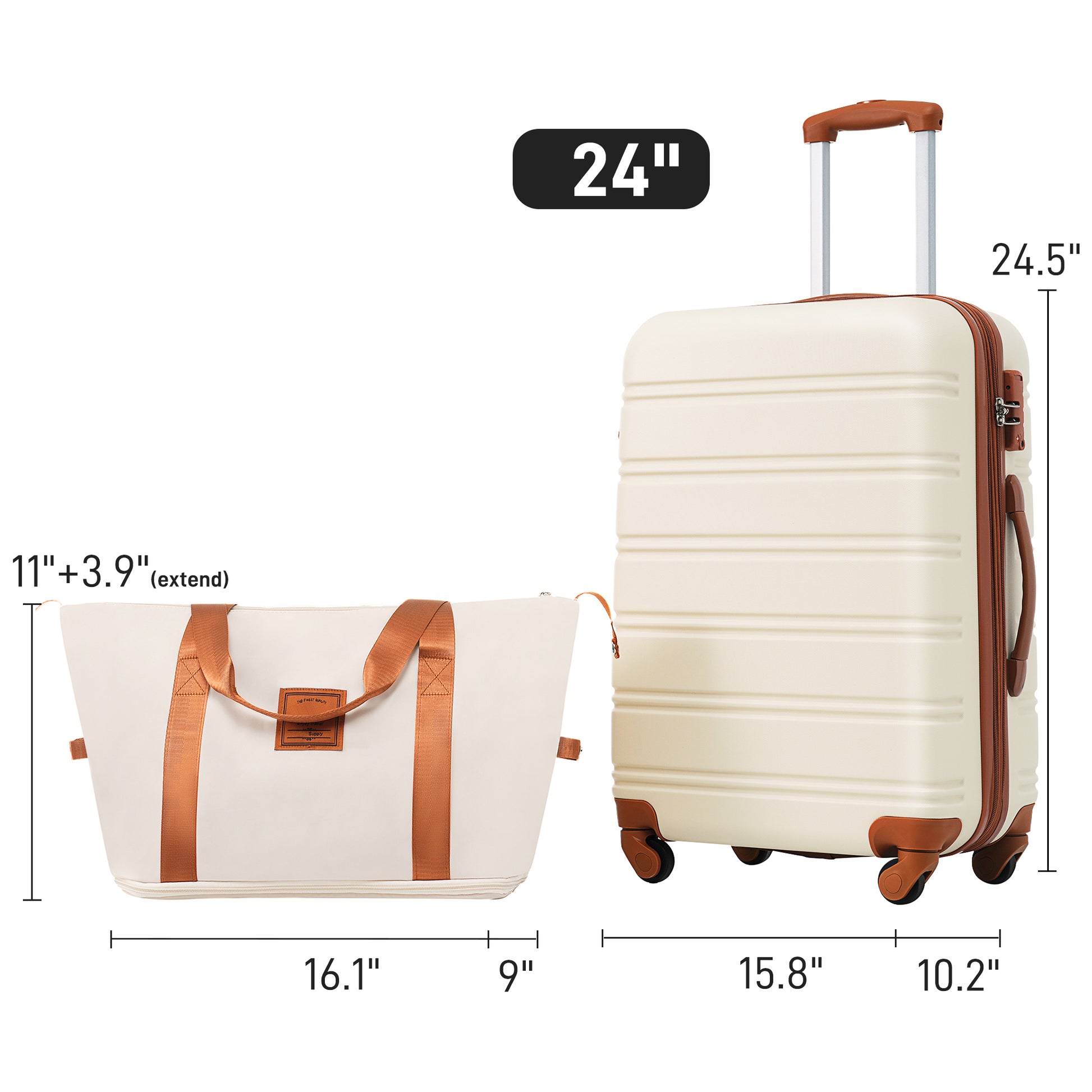 Hardshell Luggage Sets 24Inches Bag Spinner Suitcase With Tsa Lock Lightweight Brown White Abs