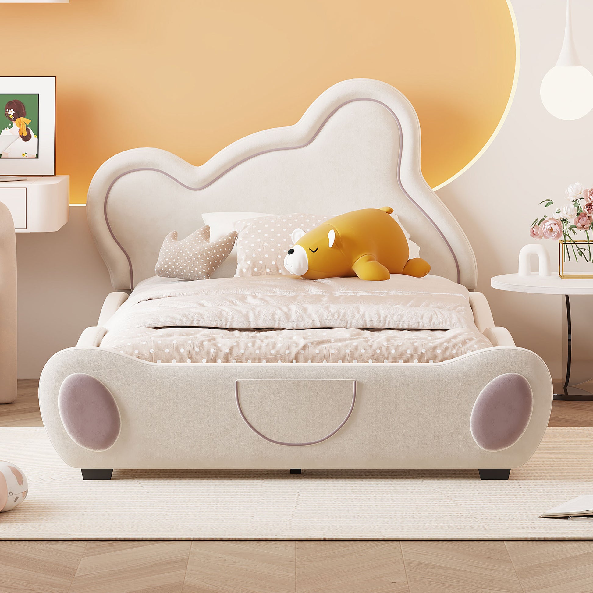 Twin Size Velvet Platform Bed With Bear Shaped Headboard, With Bed End Storage Pocket, Beige Twin Beige Plywood