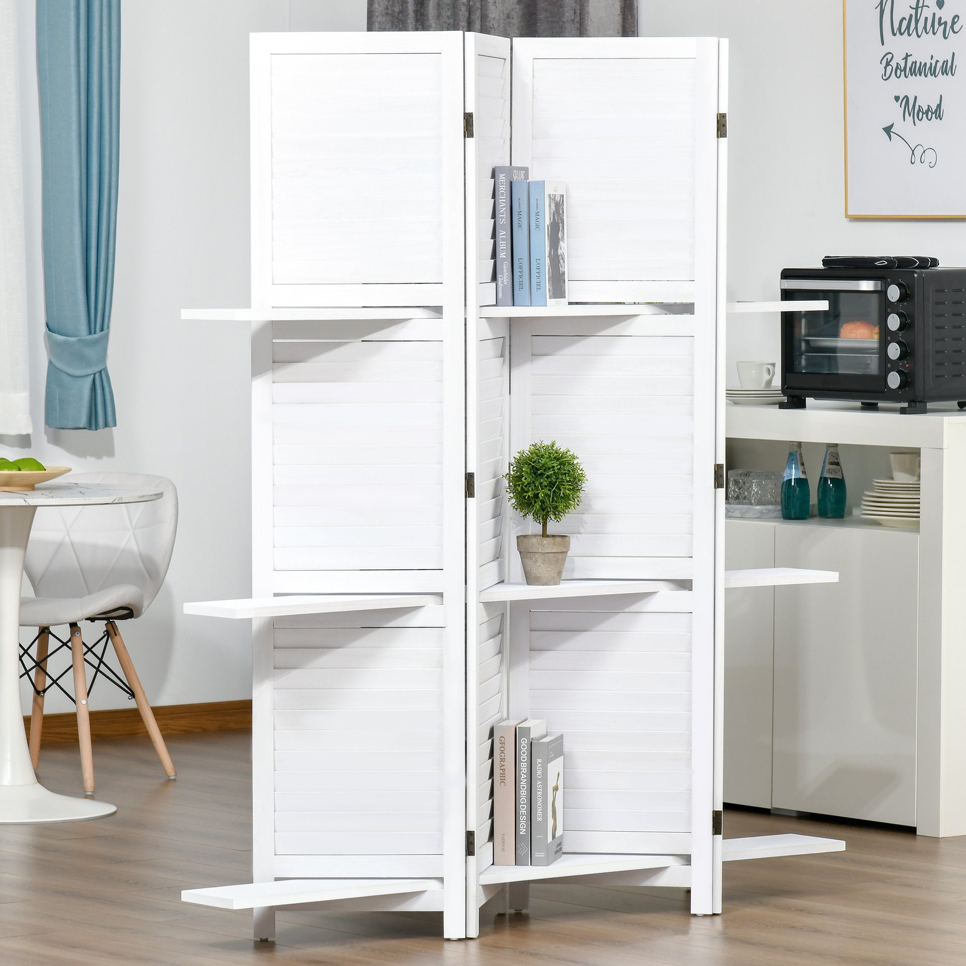 Homcom 4 Panel 67" Tall Wood Privacy Screen Room Divider With 3 Display Shelves, And Folding Storage For Bedroom Or Home Office, White White Wood