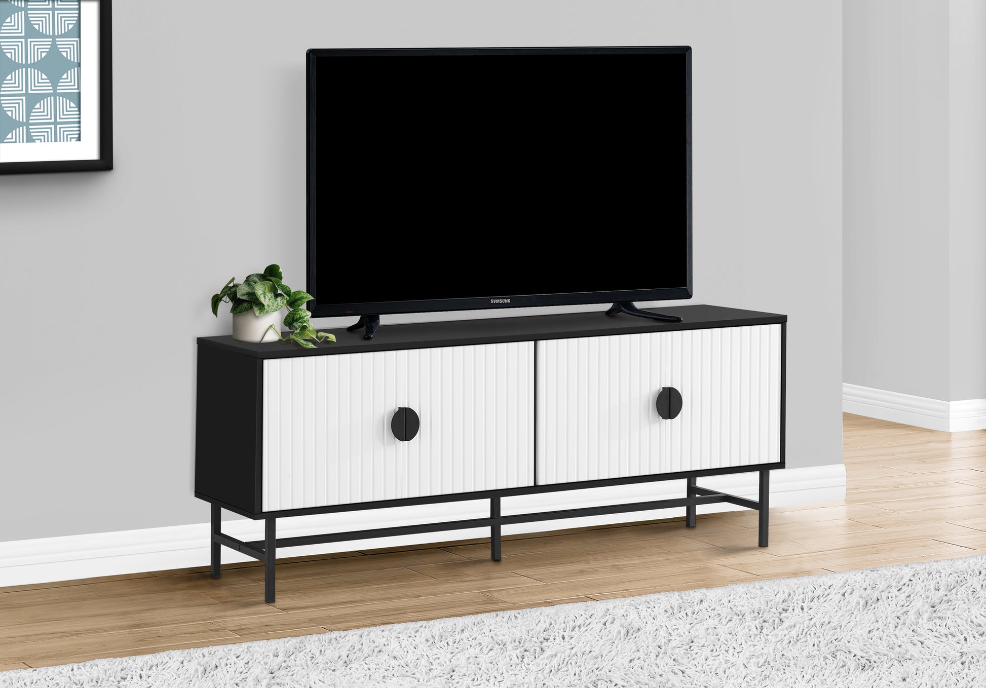 Tv Stand, 60 Inch, Console, Media Entertainment Center, Storage Cabinet, Living Room, Bedroom, Black And White Laminate, Black Metal, Contemporary, Modern Black 80 89 Inches Particle Board