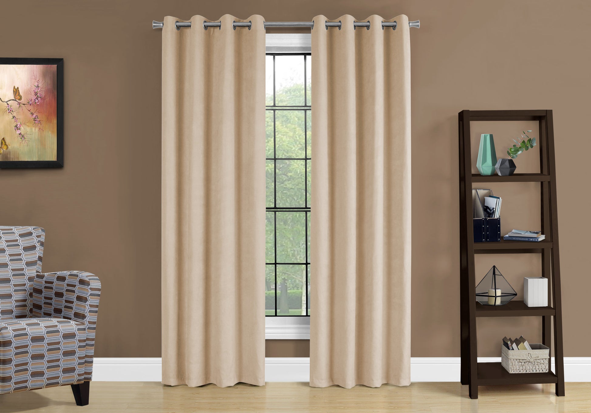 Curtain Panel, 2Pcs Set, 54"W X 84"L, Room Darkening, Grommet, Living Room, Bedroom, Kitchen, Beige Micro Suede, Contemporary, Modern Brown Polyester