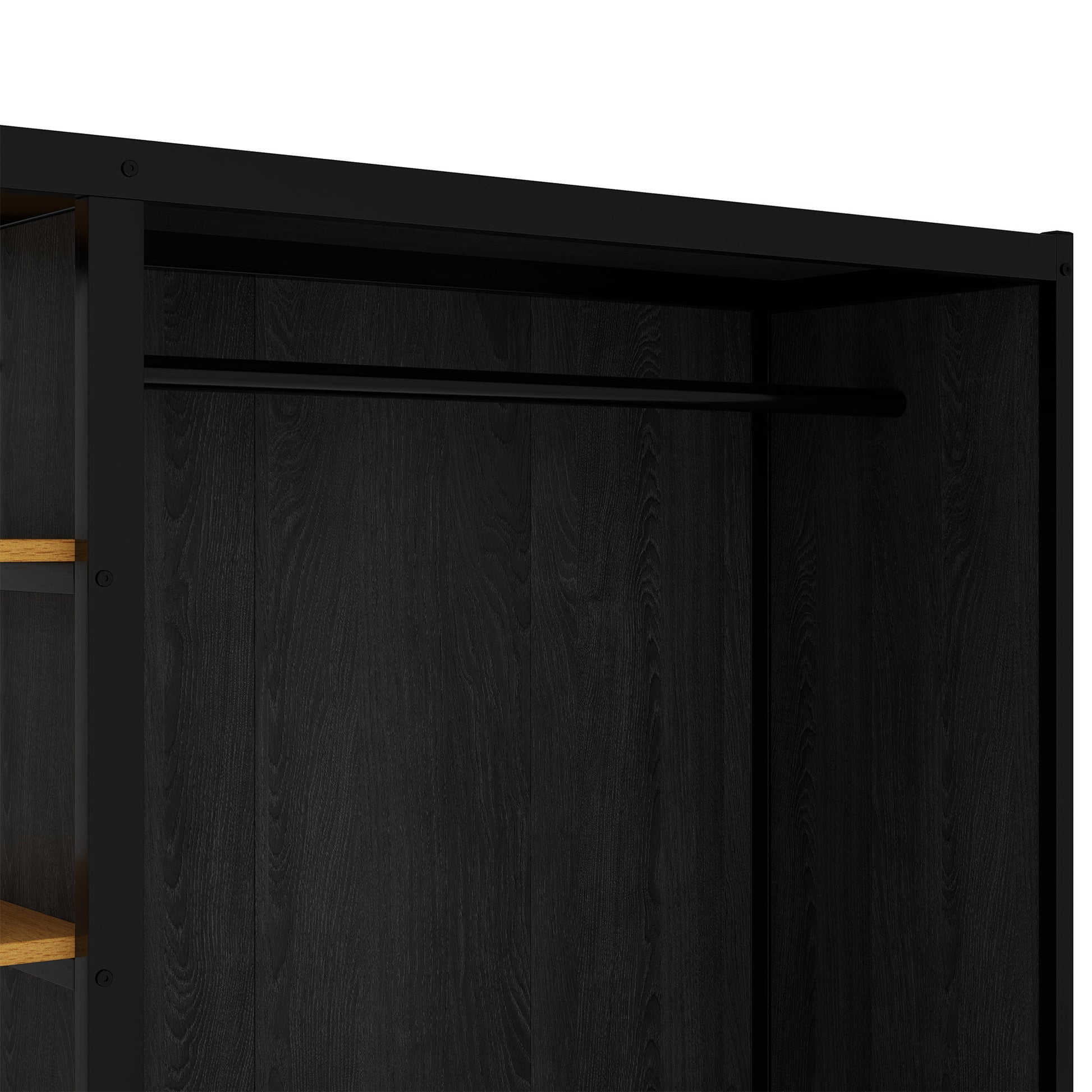 Full Size Floor Bed Frame With Wardrobe, Metal Floor Bed With Storage Shelves, Black Full Black Metal