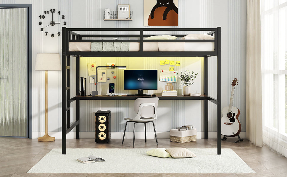 Metal Full Size Loft Bed With Power Outlet And Led Lighted, Space Saving, Noise Reduced, Black Full Black Metal