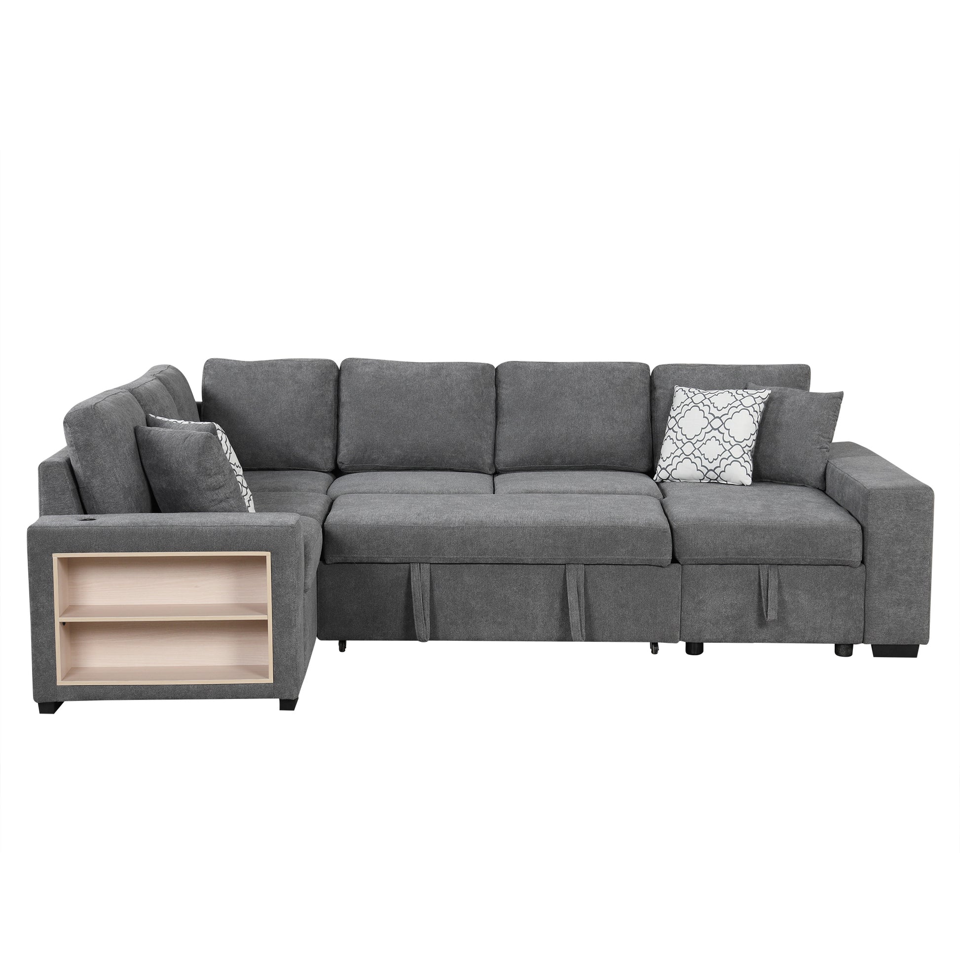 109" U Shaped Sectional Sofa Pull Out Sofa Bed With Two Usb Ports, A Storage Chaise Lounge And Four Back Pillows For Living Room, Grey Grey Foam Chenille 5 Seat