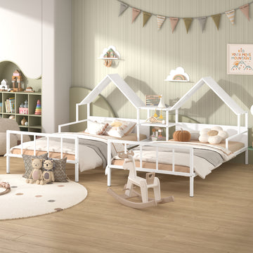 Metal Double Twin Size Platform Bed With House Shaped Headboard And A Built In Nightstand, White Box Spring Not Required Twin White Metal Metal