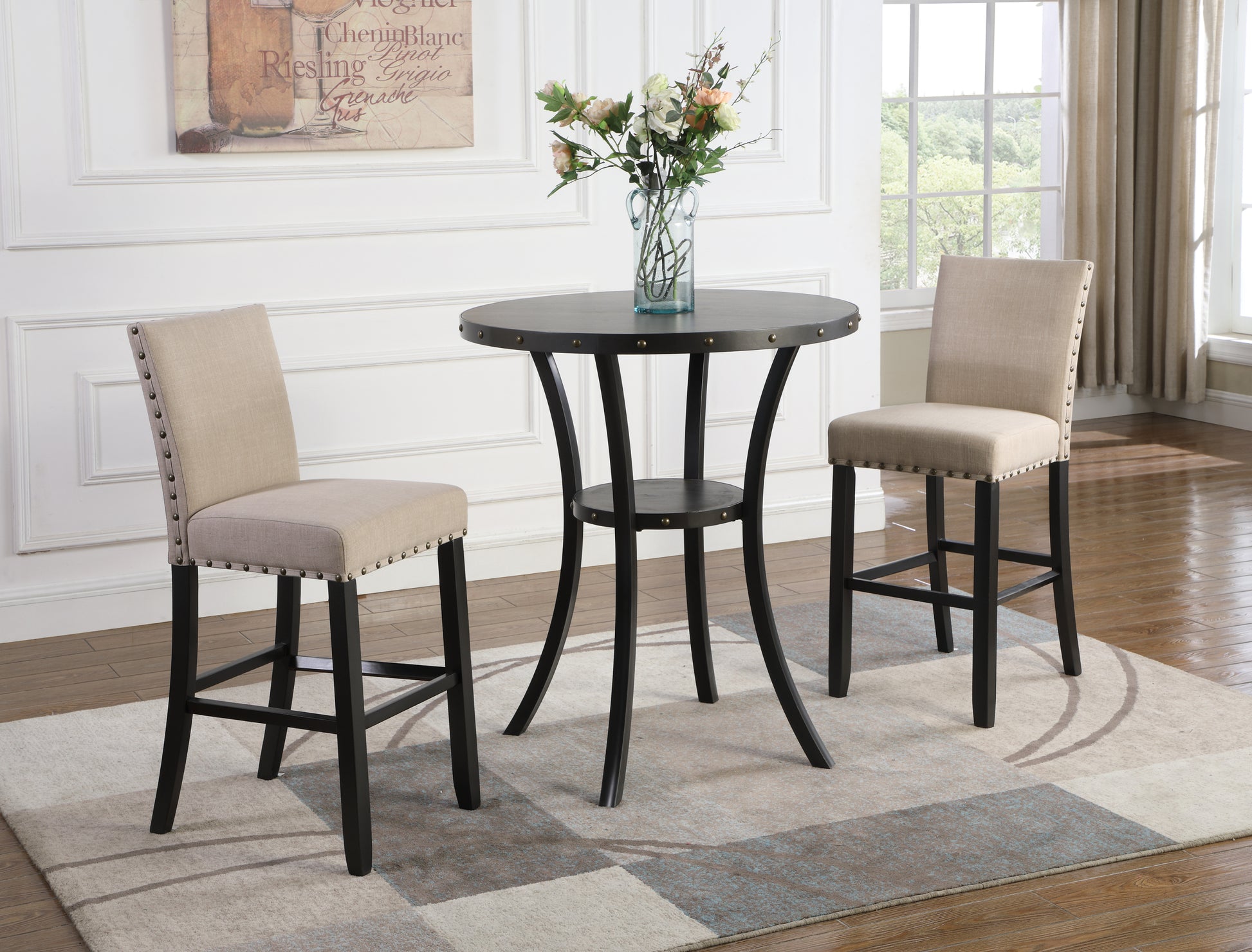 Biony 3 Piece 36" Round Espresso Finish Bar Table With 2 Tan Fabric Nail Head Pub Chairs Wood Brown Seats 2 Metal Round Dining Table With Chair Metal & Wood