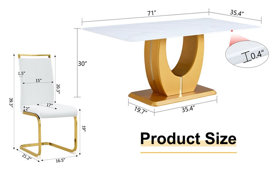 Table And Chair Set, Modern Minimalism And Luxurious White Rectangular Pattern Dining Table. Soft And Comfortable Dining Chairs For Dining Rooms, Living Rooms, Terraces And Kitchens. White Seats 6 Mdf Glass