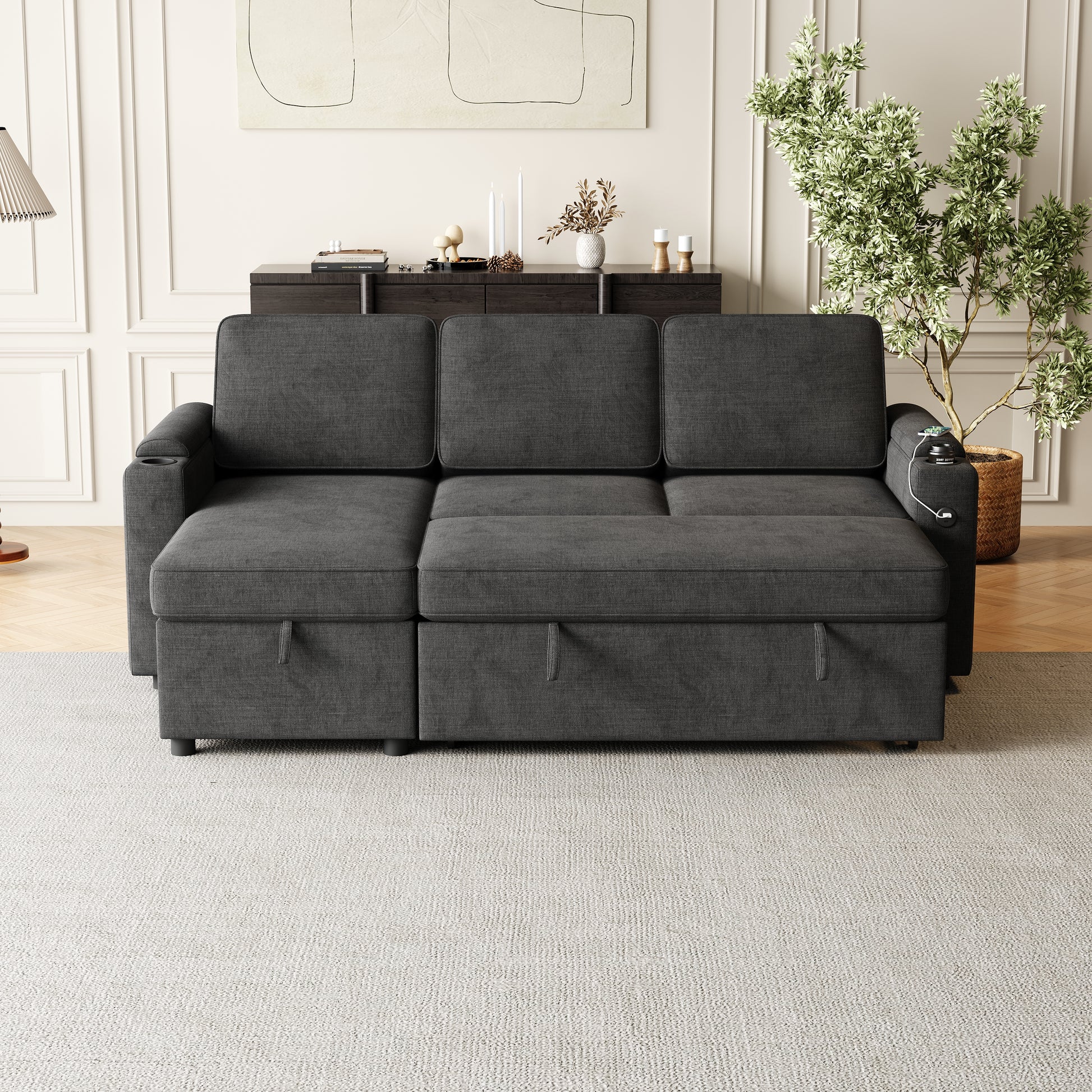 Mh85.8" Sleeper Sofa, Sofa Bed 2 In 1 Pull Out Sofa Bed With Storage Sofa, Sofa Sleeper With Pull Out Bed With Charging Port Black Polyester Primary Living Space Eucalyptus Polyester Fabric 3 Seat