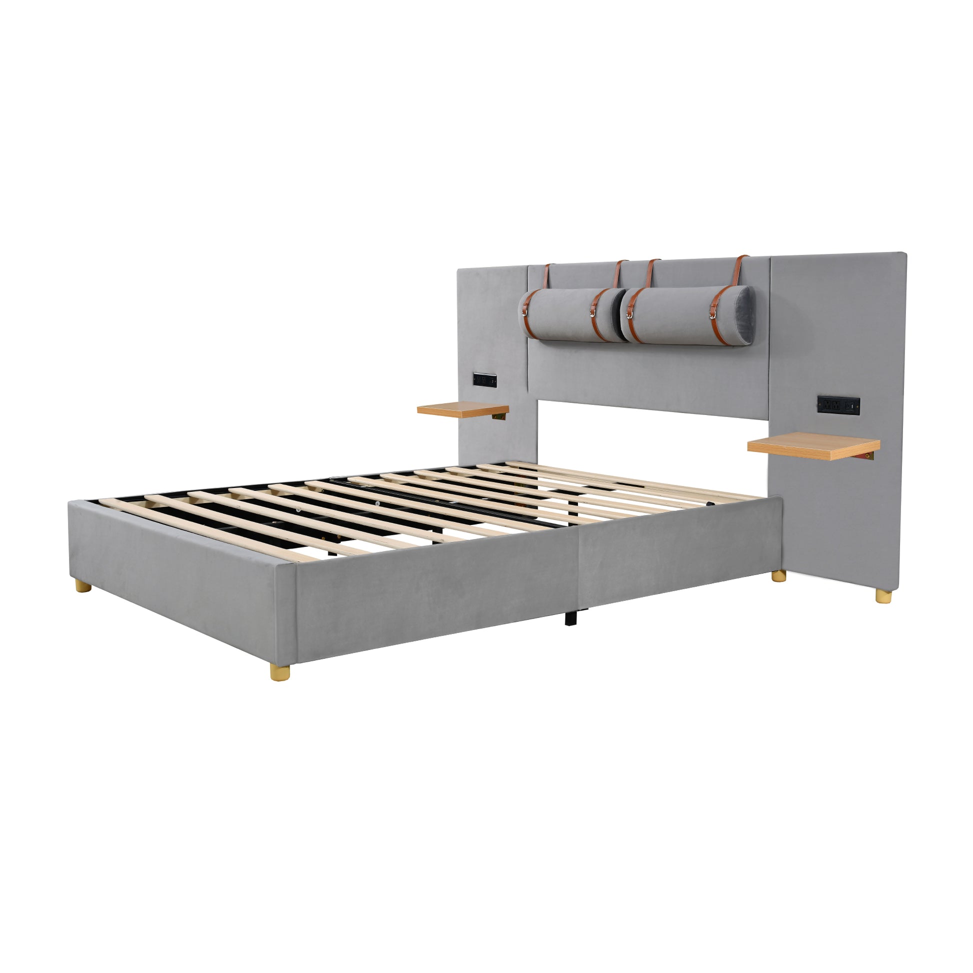 Queen Upholstered Platform Bed, Two Outlets And Usb Charging Ports On Both Sides, Two Bedside Pillows, Storage Shelves, Velvet,Gray Queen Gray Mdf Lvl