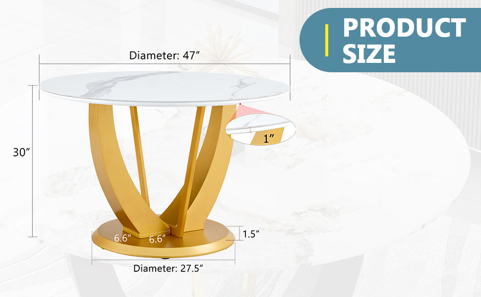 A Modern Minimalist Round White Patterned Table Top Measuring 48 Inches In Diameter With Gold Mdf Legs. Suitable For Dining And Living Rooms. Gold White Sintered Stone