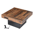 31.4'' X 31.4'' Farmhouse Coffee Table With 2 Usb Ports And Outlets, Brown Spliced Wood Grain Center Table With Led Light, Rustic Cocktail Table With Charging Station For Living Room, Black Black Primary Living Space Square Particle Board